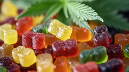 cannabis fruit jelly candies with marijuana leaf, close-up