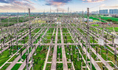 Canvas Print - High voltage substation power tower industrial equipment landscape