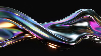 Fototapete - 3d render of abstract futuristic background with chrome metal curves, holographic gradient texture, iridescent rainbow colors, black isolated background