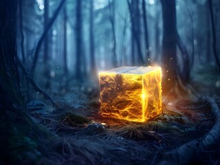 Wall Mural - glowing parcel box with mysterious aura emitting magical energy in dark enchanted forest landscape
