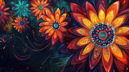 Aufkleber - Vibrant abstract flowers bloom with intricate patterns and rich colors, creating a stunning visual experience on a dark background.
