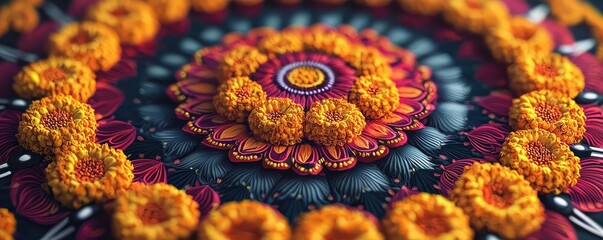 Aufkleber - Vibrant floral mandala design featuring intricate patterns and bright marigold flowers, perfect for celebrations and decor.