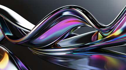 3d render of abstract futuristic glossy background with iridescent rainbow reflection on black, metallic twisted tubes, chrome waves and curved lines, shiny metal surface