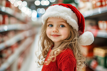 Poster - A little girl wearing a red sweater and a santa hat