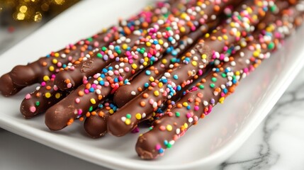 Wall Mural - Festive chocolate coated pretzel sticks with colorful sprinkles on a white plate