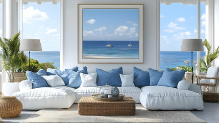 Wall Mural - Cozy coastal living room with ocean view and soft furnishings.