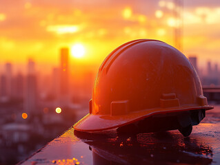 A hard hat rests on a construction site ledge as the sun sets over an urban skyline, casting a warm, golden glow at dusk