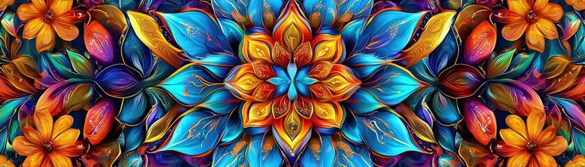 Poster - Vibrant floral pattern featuring colorful flowers and leaves, ideal for backgrounds and decorative designs.