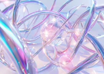 Fototapete - 3d rendering of abstract futuristic holographic elements on white background. Abstract shapes with glass and metal wires, transparent sphere ball in the center, light blue and purple colors