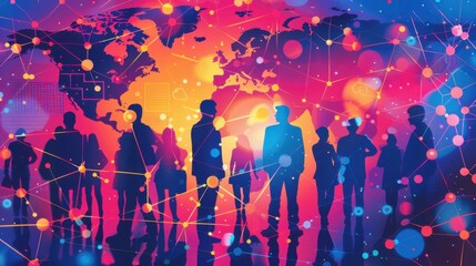 Poster - Silhouettes of people connected by a network of lines and dots on a bright, colorful background.