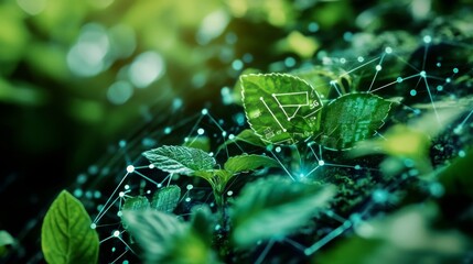 Poster - A close-up of lush green leaves with a digital network overlay, symbolizing technology's integration with nature and environmental sustainability.
