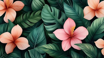 Sticker - Image of tropical pink and peach flowers seamlessly integrated into a background of lush, deep green leaves with varying shapes and textures.