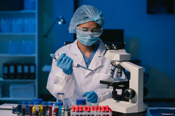 Wall Mural - science and medicine, scientist analyzing and dropping a sample into a glassware, experiments contai