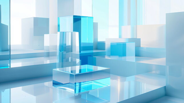 Abstract futuristic glass shapes with a holographic effect on a white background, 3D render style. An abstract futuristic style design concept Pieces of ice on a white background