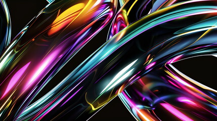 Fototapete - Abstract iridescent holographic metal curved lines on black background. Modern 3d rendering illustration of futuristic abstract design with colorful shiny glossy tubes