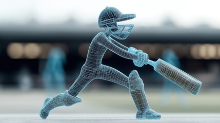 Wall Mural - Digital wireframe illustration of a cricket player batting, featuring detailed geometric lines and abstract background.