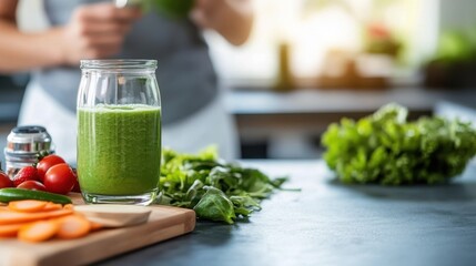 A jar filled with a nutritious green smoothie is surrounded by fresh leafy greens, tomatoes, and sliced carrots, set within a modern kitchen space with natural light.