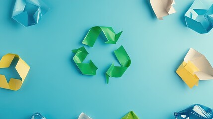 Colorful recycled paper shapes arranged around a green recycling symbol on a blue background, promoting sustainability and eco-friendliness.