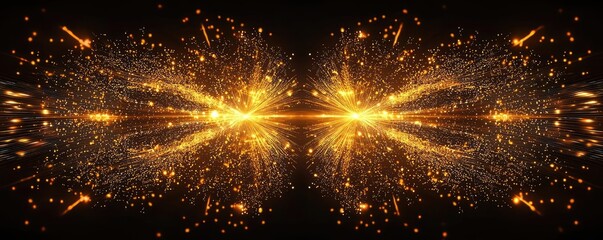 Poster - A stunning display of golden sparks and light rays exploding against a dark background, creating an ethereal visual effect.