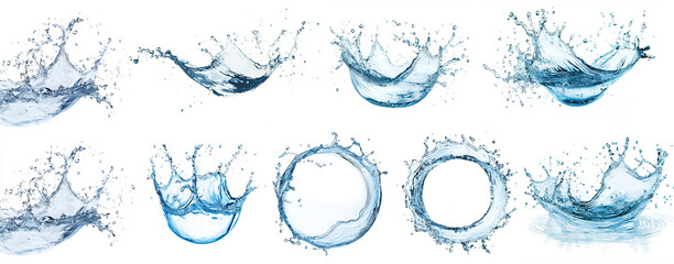 set of realistic water splashes isolated on white background. high-quality water elements for design