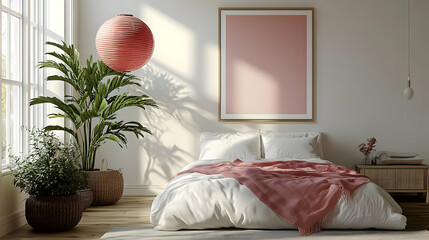 Wall Mural - Cozy bedroom with soft colors and natural elements.