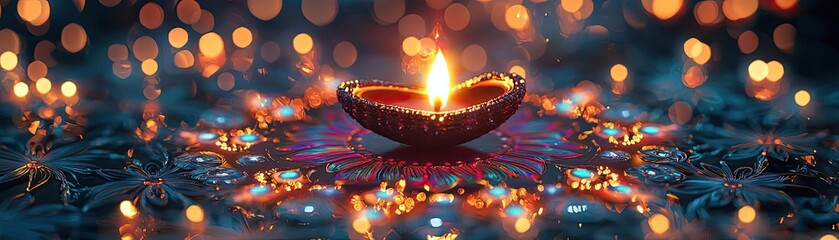 Poster - A vibrant diya illuminates a colorful pattern, surrounded by twinkling lights, symbolizing joy and celebration.