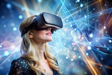 Poster - Woman Wearing Virtual Reality Headset Experiencing Immersive Technology