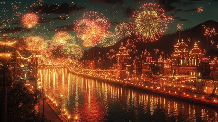 Poster - Stunning fireworks illuminate a serene river, reflecting vibrant colors and lights, creating a festive atmosphere at night.