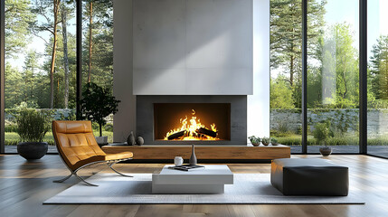 Wall Mural - Modern living room with a fireplace and large windows.