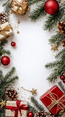 Wall Mural - festive christmas frame with pine branches, red and gold ornaments, wrapped gifts, and pinecones on 