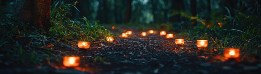 Poster - A serene forest path illuminated by flickering candles, creating a magical and tranquil atmosphere in nature.