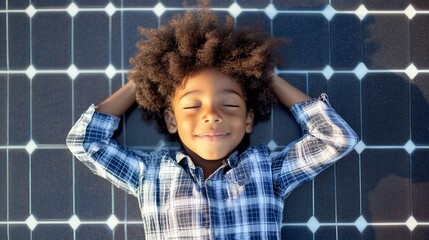 Joyful child with curly hair lying on solar panel, eyes closed with a serene smile, embodying clean energy and a bright future for the next generation.