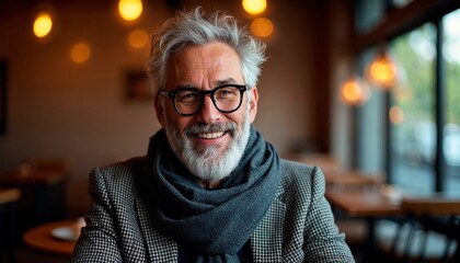 Smiling middle-aged man with grey beard and glasses enjoys cozy cafe atmosphere