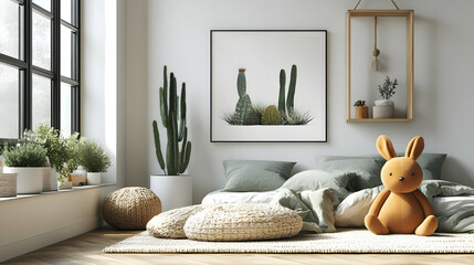 Wall Mural - Cozy living room with cacti, cushions, and a plush toy.