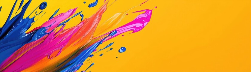 Aufkleber - Vibrant splash of pink, blue, and yellow paint against a bright orange background, perfect for creative projects and artistic themes.