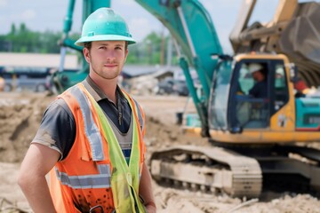 Young male construction worker wearing a hard hat and safety vest, standing in front of excavator at a construction site.