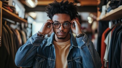 Stylish young man with afro hairstyle and glasses adjusts his frames while standing in a trendy clothing store, surrounded by racks of fashionable attire.