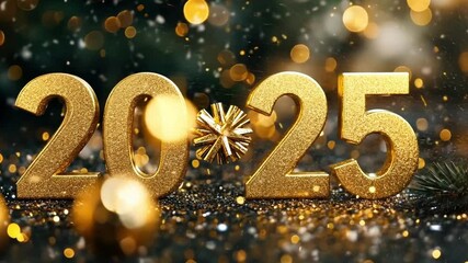 Wall Mural - golden glitter numbers for the year 2025 are sparkling on a blurred background with gold bokeh, crea