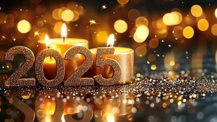 Wall Mural - golden glitter numbers for the year 2025 are sparkling on a blurred background with gold bokeh, crea