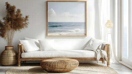 Poster - Bright, airy living room with coastal artwork and natural decor.