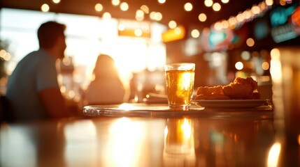 Silhouetted couple at a cafe enjoying conversation with a glass of beer and a platter of snacks, with a beautifully warm backlit ambiance creating a cozy setting.