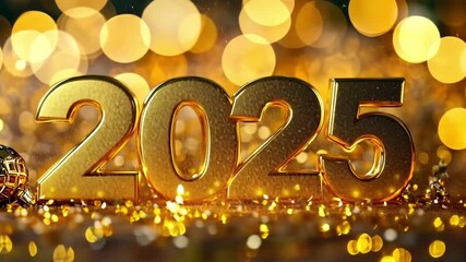 Wall Mural - golden glitter numbers for the year 2025 are sparkling on a blurred background with gold bokeh, crea
