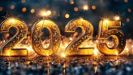 Wall Mural - golden glitter numbers for the year 2025 are sparkling on a blurred background with gold bokeh, crea