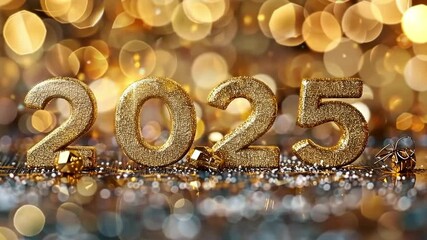 Wall Mural - golden glitter numbers for the year 2025 are sparkling on a blurred background with gold bokeh, crea