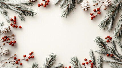 Wall Mural - Festive background with snowy pine branches, red berries, and pinecones arranged in a border on a light backdrop, creating a winter holiday theme.