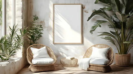 Canvas Print - Cozy interior with rattan chairs and plants, perfect for relaxation.