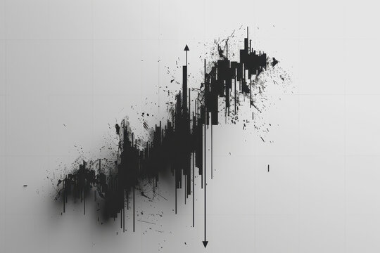 Minimalist stock market downturn graph with arrow plunging downwards on a white background.