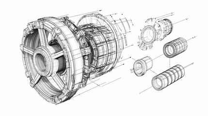 Sketch of industrial equipment. Wire-frame style. 3d illustration