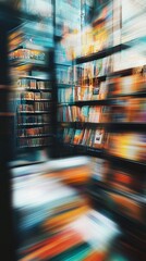 Blurred bookshelves in a library create an abstract, dynamic composition of colors and shapes, evoking a sense of movement and the vast world of knowledge.