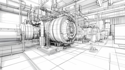 Sketch of industrial equipment. Wire-frame style. 3d illustration